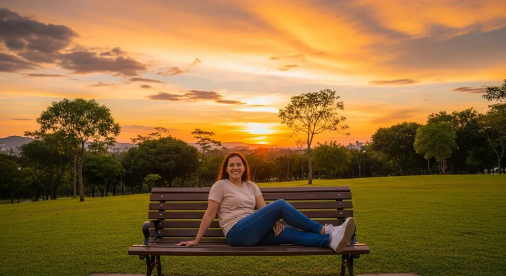 Person relaxing in a park at sunset without digital devices, representing digital detox and mental clarity