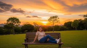 Person relaxing in a park at sunset without digital devices, representing digital detox and mental clarity