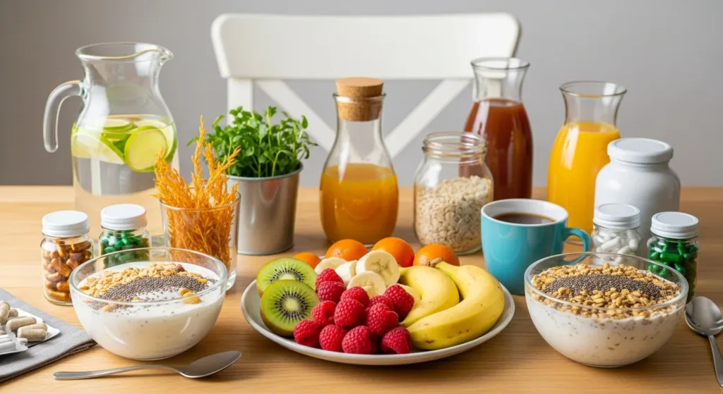 Healthy breakfast table with whole foods that naturally support GLP-1 production and appetite control