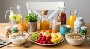 Healthy breakfast table with whole foods that naturally support GLP-1 production and appetite control
