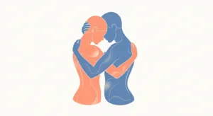 Stylized illustration of two human silhouettes embracing, representing intimacy, emotional connection, and healthy relationships
