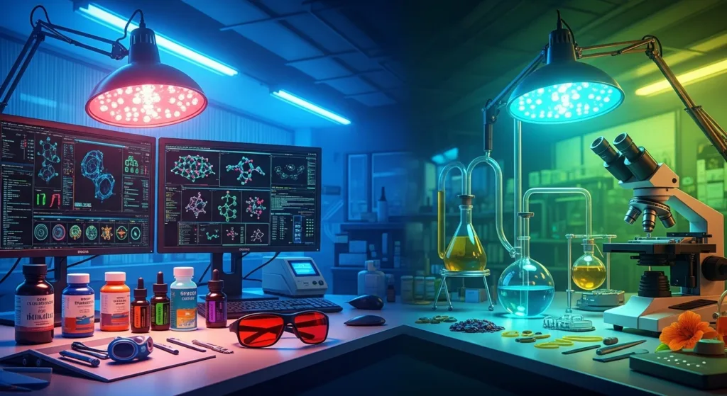 Conceptual cover image illustrating biohacking technology versus simple living, representing two contrasting lifestyle approaches to health and longevity