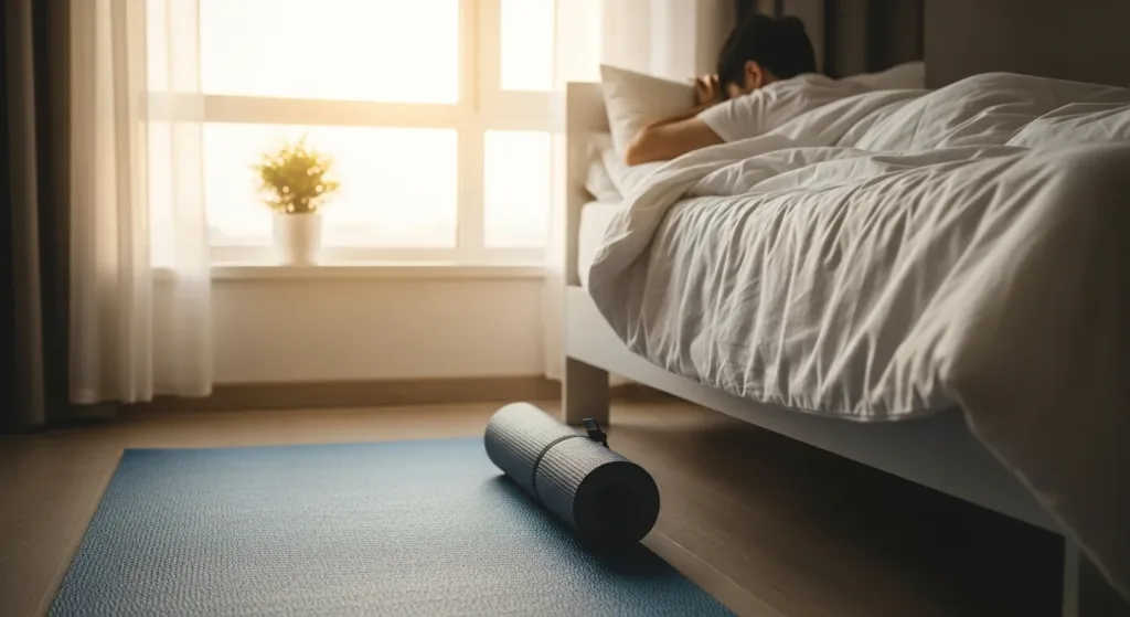 Person relaxing on a bed with a yoga mat nearby, representing rest and recovery for complete workout beginners