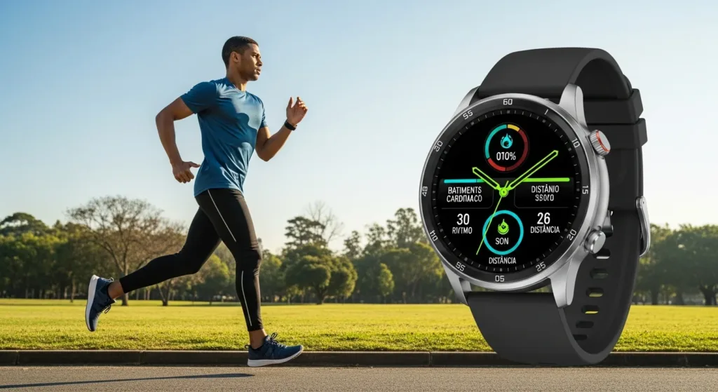 Atleta usando smartwatch avançado durante corrida ao ar livre, destacando wearables & fitness tech em ambiente vibrante