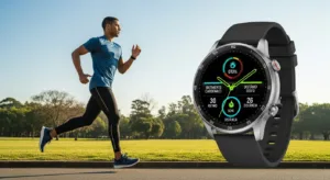 Atleta usando smartwatch avançado durante corrida ao ar livre, destacando wearables & fitness tech em ambiente vibrante