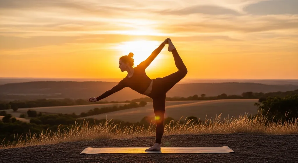 Cena de uma pessoa praticando yoga ao pôr do sol, simbolizando os padrões de beleza e bem-estar.