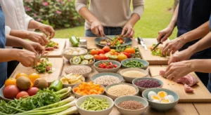 Outdoor table with a variety of fresh, healthy foods shared by a group, representing mindful eating and balanced nutrition