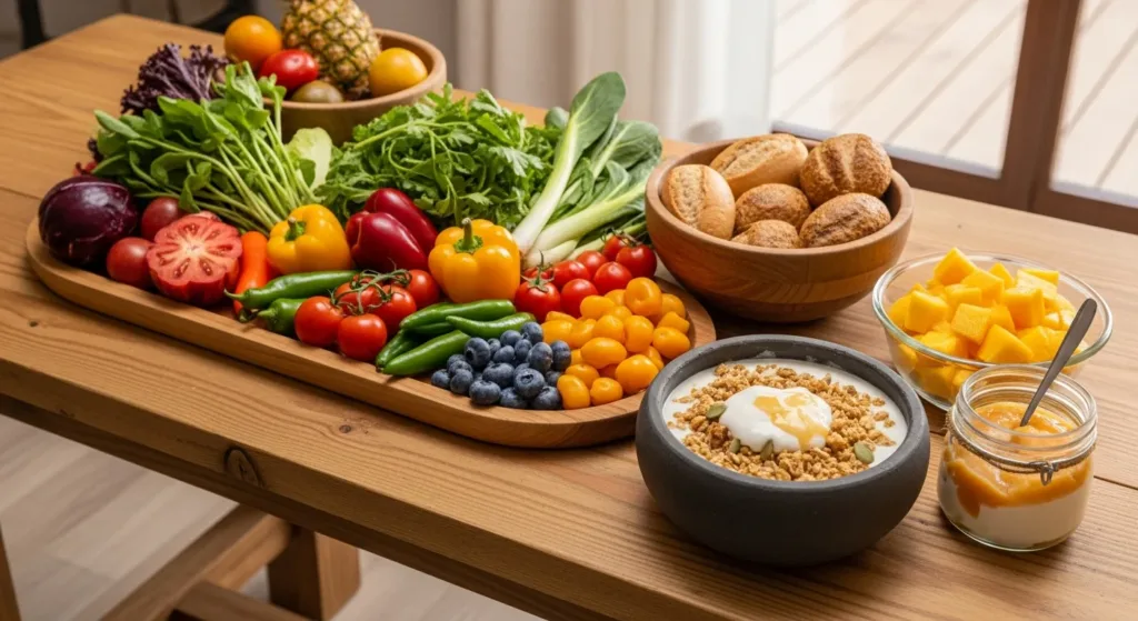 Table filled with homemade meals, fruits, vegetables, and natural foods supporting healthy nutrition