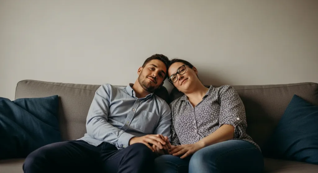 Couple relaxing together on a sofa at home, representing comfort, emotional connection, and everyday well-being