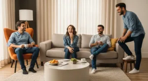 Group of people talking and relaxing together in a living room, representing social connection and emotional well-being