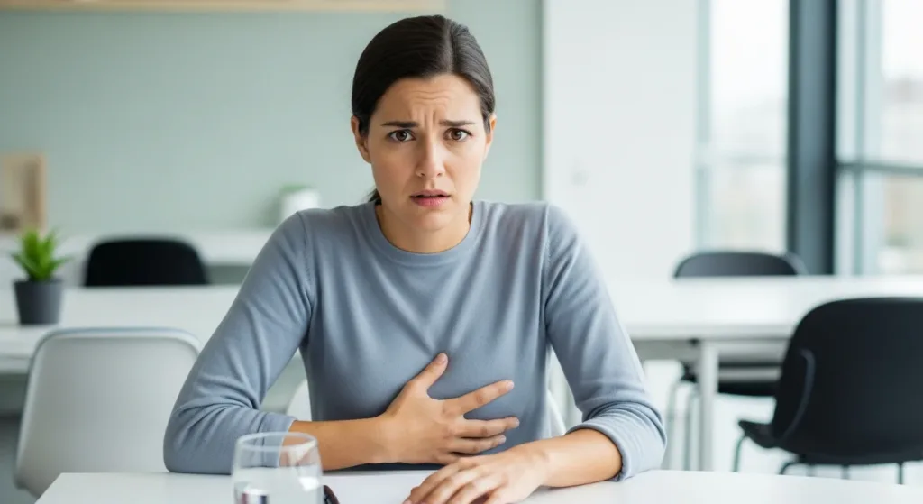 Person looking stressed while holding their stomach, illustrating the connection between gut health and mental stress
