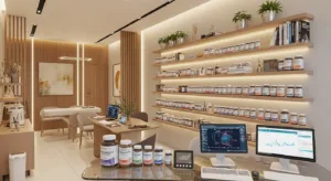 3D visualization of a modern medical consultation room with digital health displays and clinical technology