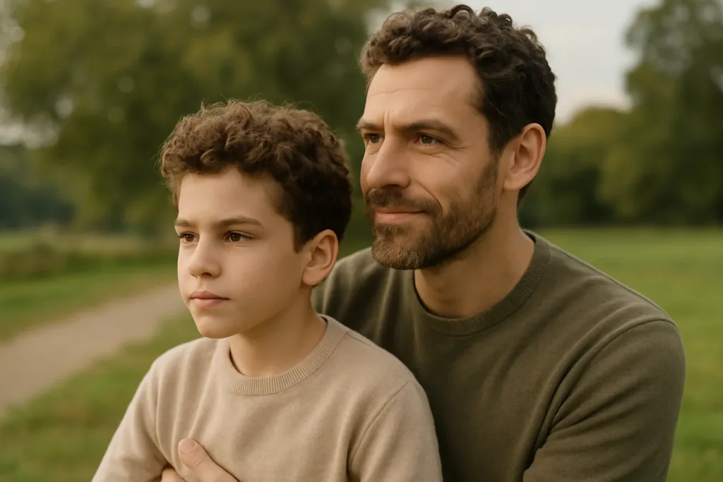 Father and son outdoors showing physical similarities, representing genetic traits passed from parents to children