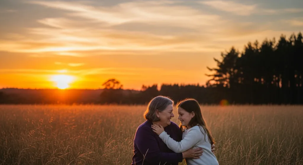 Mother and daughter outdoors at sunset showing emotional and physical similarities, representing inherited genetic traits