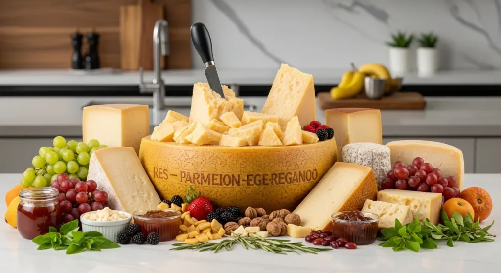 Parmigiano Reggiano cheese board with aged wedges, fruits, and nuts, highlighting traditional Italian hard cheese
