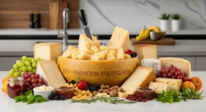 Parmigiano Reggiano cheese board with aged wedges, fruits, and nuts, highlighting traditional Italian hard cheese