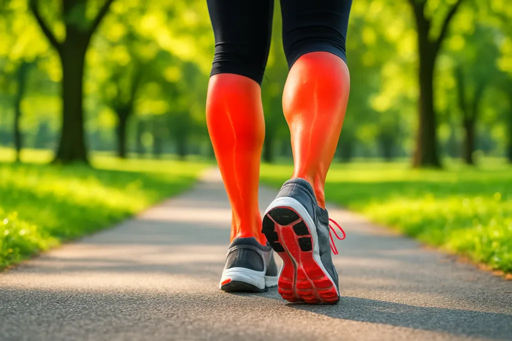 Person walking in a park with highlighted calf muscles, illustrating the role of calves as the body’s second heart