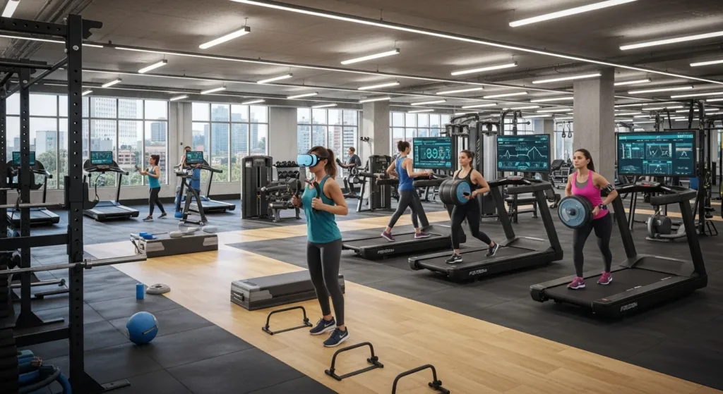 Modern gym interior with people training, representing current and emerging fitness trends