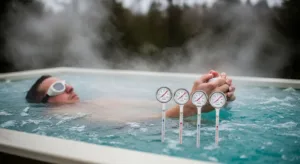 Cena de cold plunge com pessoa se preparando para mergulhar em banheira de água fria em banheiro bem iluminado
