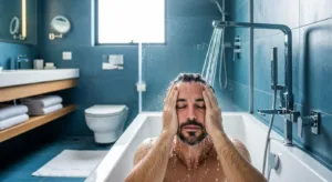 Person stepping out of a cold shower with water droplets, representing increased mental energy and alertness