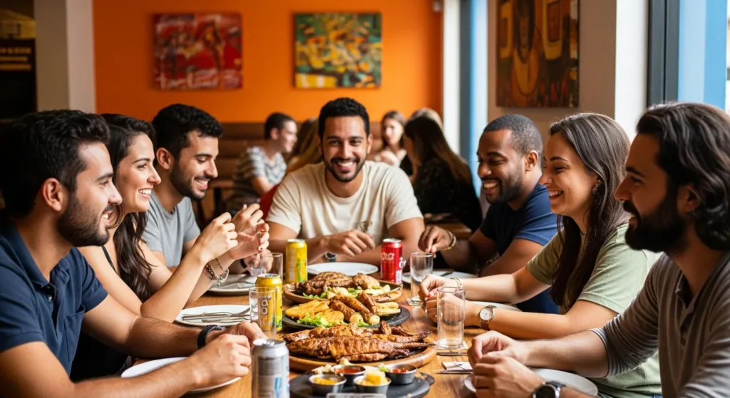 Group of friends smiling and sharing chicken wings at a table, representing social eating and enjoyment of food