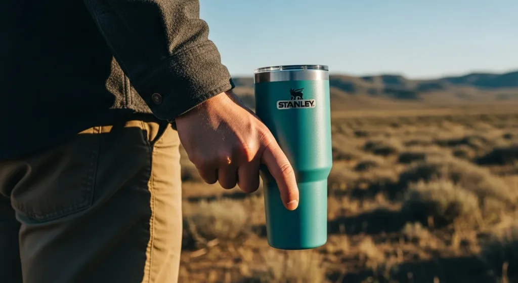 Stanley Quencher FlowState™ tumbler held outdoors in a natural landscape, designed for hydration on the go