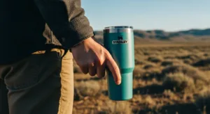 Stanley Quencher FlowState™ tumbler held outdoors in a natural landscape, designed for hydration on the go