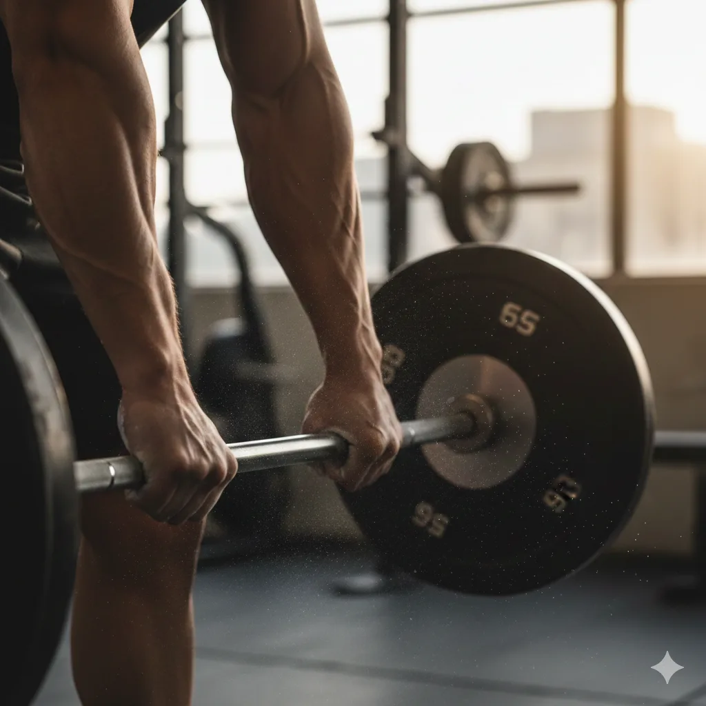 Close-up of strong forearms gripping barbell during deadlift showing proper grip strength technique
