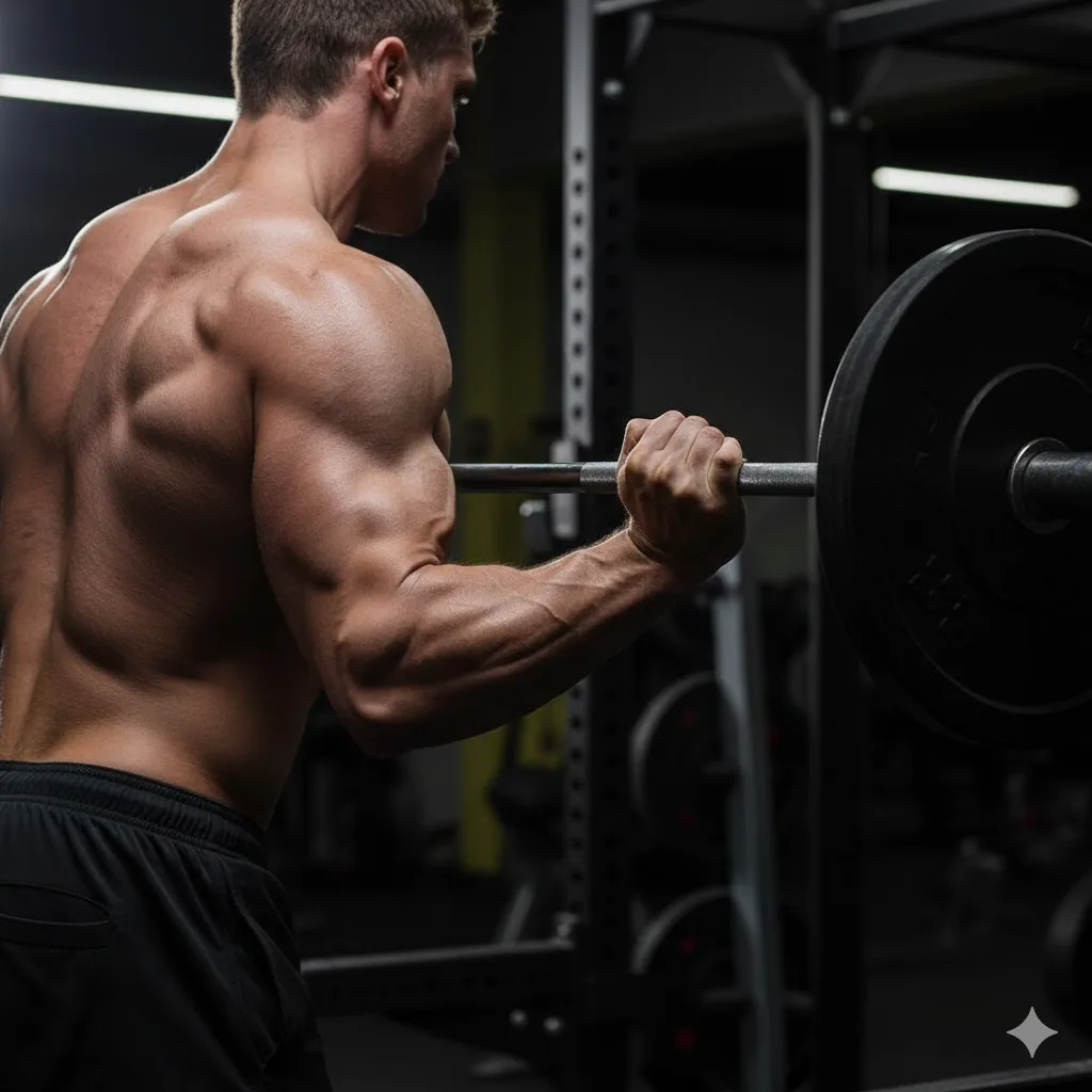 Athlete demonstrating proper grip strength during barbell row exercise with engaged back muscles and strong forearm activation