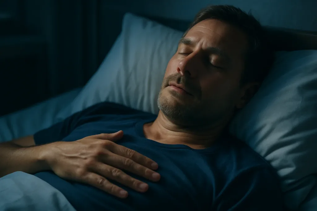 A person lying in bed at night with eyes closed, breathing slowly with one hand resting on their chest in a calm, relaxed state.