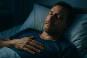 A person lying in bed at night with eyes closed, breathing slowly with one hand resting on their chest in a calm, relaxed state.