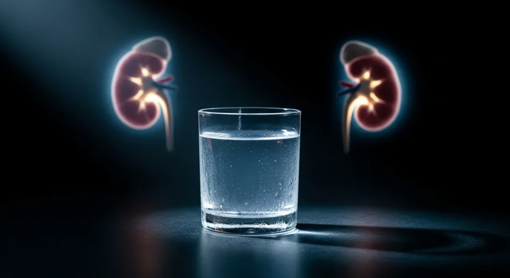 A glass of coconut water with a stylized medical illustration of kidneys in the background