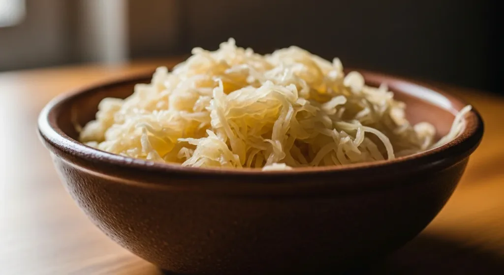 A bowl of sauerkraut in natural light, representing viral claims about gut health and mental health.