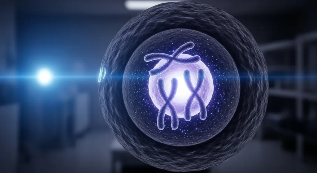 Illustration of human chromosomes inside a cell, representing genetic research related to Down syndrome and CRISPR.