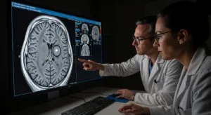 MRI brain scan showing a large tumor region contrasted against surrounding brain tissue during treatment response