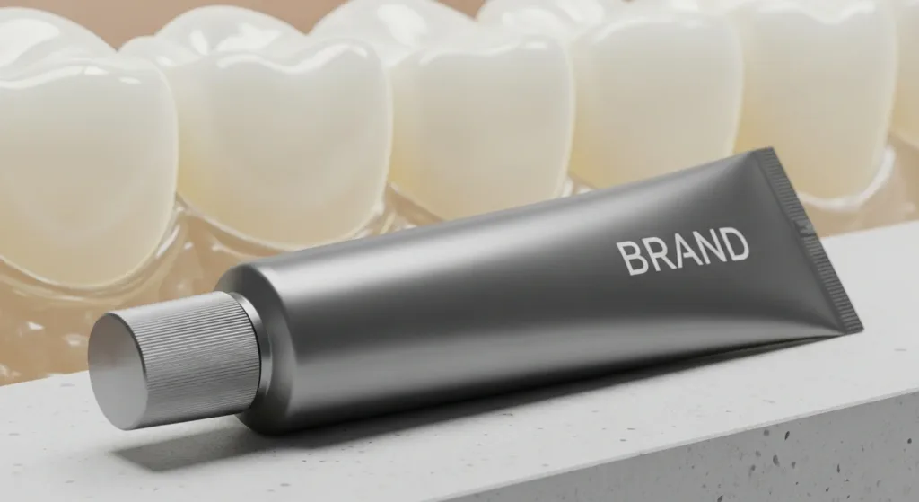 Modern toothpaste packaging with a clean bathroom setting and subtle scientific texture representing enamel repair