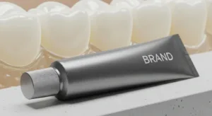 Modern toothpaste packaging with a clean bathroom setting and subtle scientific texture representing enamel repair