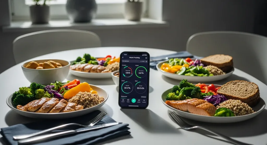 A smartphone displaying macro tracking next to a balanced meal with protein, vegetables, and grains on a kitchen table