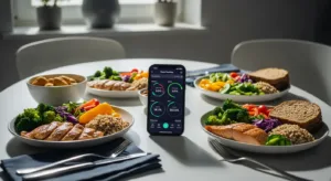 A smartphone displaying macro tracking next to a balanced meal with protein, vegetables, and grains on a kitchen table