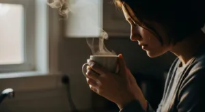 Person holding a mug of hot water in a sunlit kitchen during the morning.