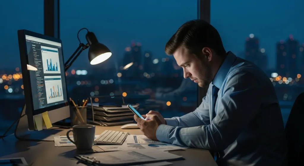 An overworked adult looks exhausted at a desk while checking a smartphone late in the day.