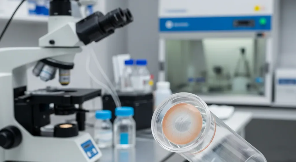 Imagem de uma rascunho automático de uma córnea bioengenheirada em um laboratório médico, com iluminação suave e detalhes realistas