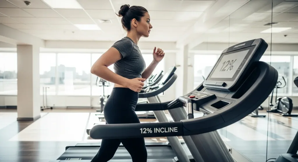 Person walking on treadmill at 12 percent incline in modern gym showing proper form and posture during incline workout