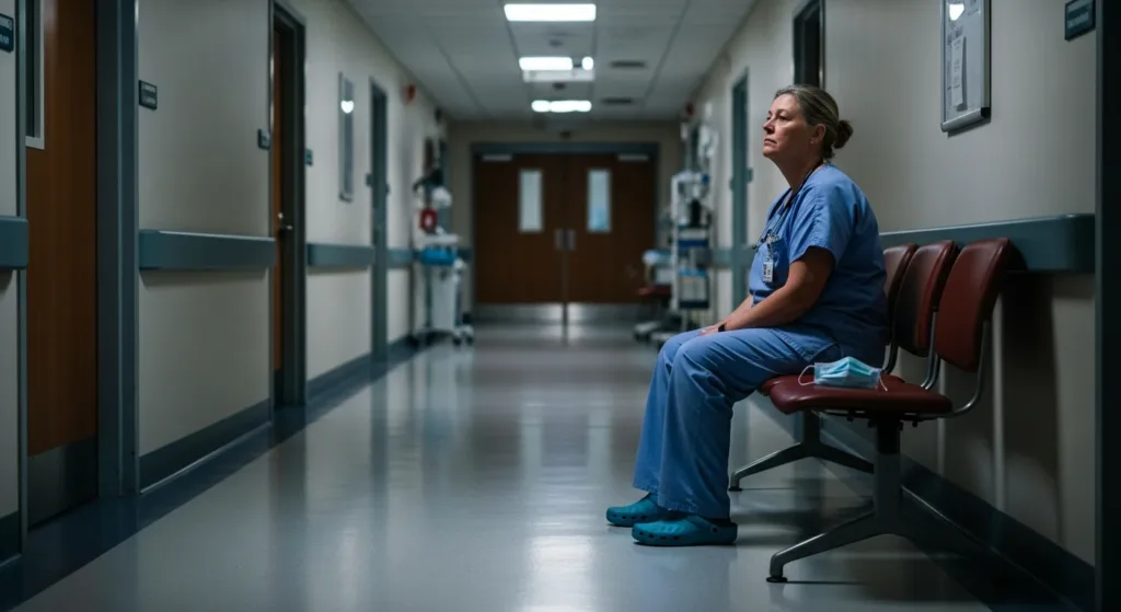 Surgeon in hospital scrubs sitting quietly, symbolizing hidden heart risk despite normal test results.