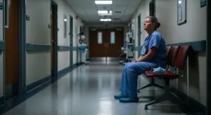 Surgeon in hospital scrubs sitting quietly, symbolizing hidden heart risk despite normal test results.