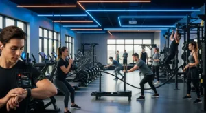 Diverse group of people wearing fitness trackers and smartwatches while exercising in a modern gym, representing the top fitness trends of 2026