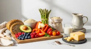 Colorful array of nutrient-dense whole foods including vegetables, whole grains, and dairy products representing the 2026 nutrition revolution and science-backed dietary trends