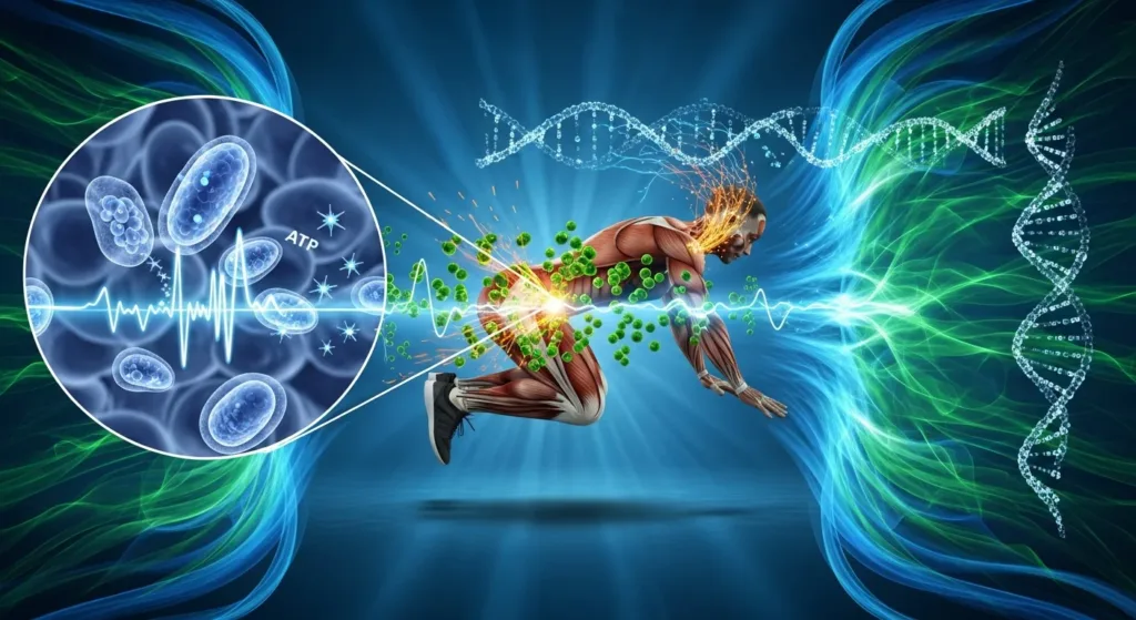 Athletic person performing high-intensity exercise with scientific visualization of cellular anti-cancer activity and health benefits at the molecular level
