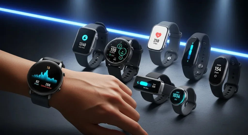 Professional product showcase of the best fitness trackers and smartwatches of 2026 including smartwatches, fitness bands, and smart rings displaying health monitoring features