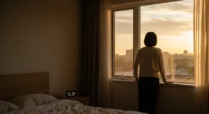Person standing near a sunlit window at 6:30 AM in a calm bedroom, symbolizing healthy circadian rhythm and balanced morning routine.